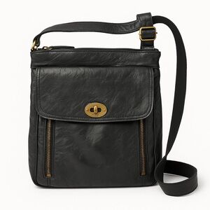 Fossil Stanton crossbody leather messenger turnlock pocket bag black